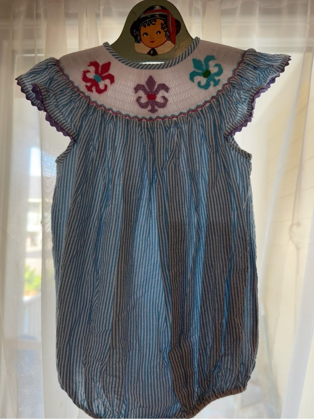 Smocked Seersucker Bubble with Fleur De Lis Embroidery